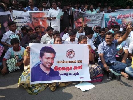 South Indian actor Suriya fans stage protest outside famous TV Channel office over two women anchors who made controversy remarks about the star in a TV programme.