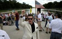 White nationalist leader Richard Spencer (C) chants back at counter-protestors as self-proclaimed "White Nationalists" and "Alt-Right" supporters gather for what they called a "Freedom of Speech" rally at the Lincoln Memorial in Washington.