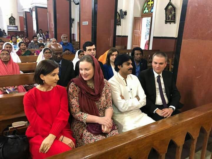 Actor Pawan Kalyan and his wife Anna Lezhneva during a prayer session at a Secunderabad church on Jan 21, 2018. Pawan Kalyan and Anna Lezhneva,Pawan Kalyan,Anna Lezhneva,St. Marys basilica church,Pawan Kalyan with wife Anna Lezhneva