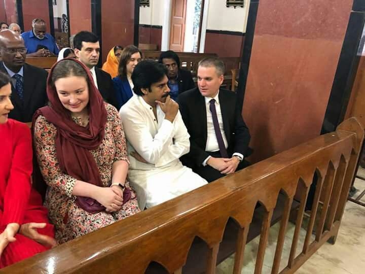 Pawan Kalyan attends prayer session with Russian wife Anna Lezhneva in Secunderabad. Pawan Kalyan and Anna Lezhneva,Pawan Kalyan,Anna Lezhneva,St. Marys basilica church,Pawan Kalyan with wife Anna Lezhneva
