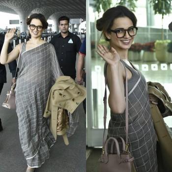 Bollywood Actress Kangana Ranaut looks stunning in silk saree with buns at airport.