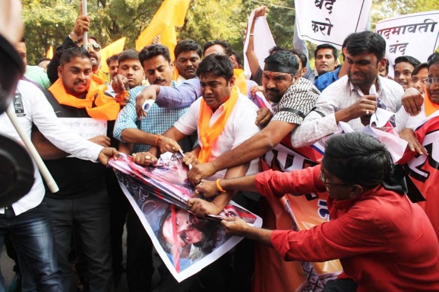 Shri Rajput Karni Sena members stage a protest ahead of the release of Sanjay Leela Bhansali's 'Padmaavat', in Nagpur on Jan 23, 2018. Padmaavat,padmaavat controversy,padmaavat protest,Padmaavat ban,Deepika Padukone,Ranveer Singh,Anti-Padmaavat protests
