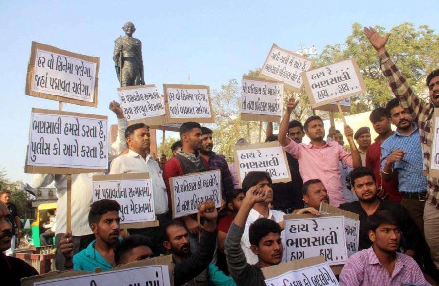 Members of Rajput organisations stage a protest against upcoming film "Padmaavat" in Ahmedabad, on Jan 23, 2018. Padmaavat,padmaavat controversy,padmaavat protest,Padmaavat ban,Deepika Padukone,Ranveer Singh,Anti-Padmaavat protests