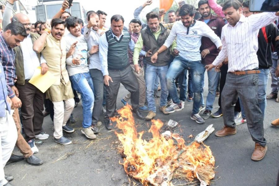 Members of Rajput Samaj stage a protest ahead of the release of Sanjay Leela Bhansali's 'Padmaavat', in Bhopal on Jan 23, 2018. Padmaavat,padmaavat controversy,padmaavat protest,Padmaavat ban,Deepika Padukone,Ranveer Singh,Anti-Padmaavat protests