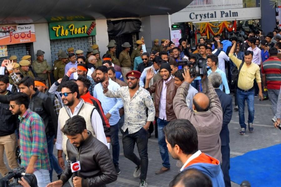 Shri Rajput Karni Sena activists stage a demonstration against "Padmaavat" outside a theater in Jaipur, on Jan 22, 2018. Padmaavat,padmaavat controversy,padmaavat protest,Padmaavat ban,Deepika Padukone,Ranveer Singh,Anti-Padmaavat protests