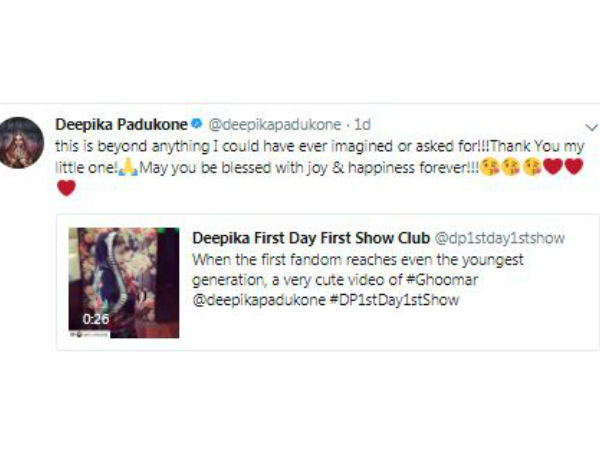 Touched by the the little girls act, Deepika Padukone took to Twitter to express her gratitude sharing, "this is beyond anything I could have ever imagined or asked for!!!Thank You my little one!????May you be blessed with joy & happiness forever!!!????????????❤️❤️❤️". Deepika Padukone,Deepika Padukone fans,Deepika Padukone young fan,Ghoomar,Padmaavat,Padmaavat songs