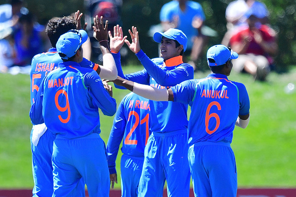 India celebrate after Pakistan's Imran Shah was caught out during the U19 semi-final cricket World Cup match between India and Pakistan at Hagley Oval in Christchurch on January 30, 2018. U-19 World Cup Semi Final,U-19 World Cup,Shubman Gill,Ishan Porel,India beat Pakistan,U19 World Cup Final