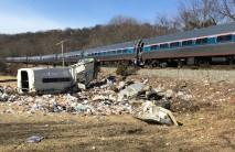 An Amtrak passenger train carrying Republican members of Congress from Washington to a retreat in West Virginia is seen after colliding with a garbage truck in Crozet, January 31, 2018
