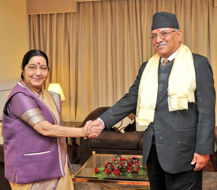 Visiting Indian External Affairs Minister Sushma Swaraj on Friday here in Nepal held talks with CPN-Maoist Centre Chairman Pushpa Kamal Dahal 'Prachanda'. According to MEA spokesperson Raveesh Kumar, Sushma Swaraj complimented him on his party's performance in the last held elections. The two leaders discussed steps to further strengthen bilateral ties, he added. Sushma Swaraj,External Affairs Minister,Chairman Pushpa Kamal Dahal,Prachanda