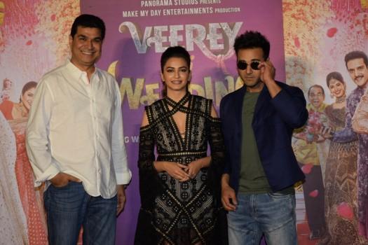 Director Asshu Trikha, actors Pulkit Samrat and Kriti Kharbanda at the trailer launch of their upcoming film 