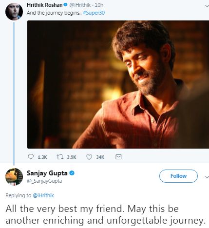 Sanjay Gupta shared, "All the very best my friend. May this be another enriching and unforgettable journey". Hrithik Roshan,actor Hrithik Roshan,Super 30,hrithik roshan super 30,Super 30 first look