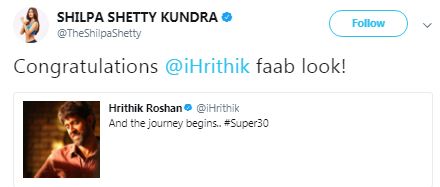 Shilpa Shetty shared, "Congratulations @iHrithik faab look!". Hrithik Roshan,actor Hrithik Roshan,Super 30,hrithik roshan super 30,Super 30 first look
