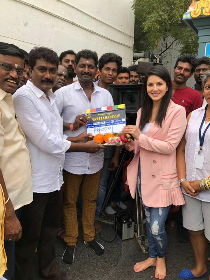 Sunny Leone starts shooting for her debut movie Veeramadevi in Chennai today. It is a Period film and Actress Sunny Leone plays a princess warrior in the film. Sunny Leone,actress Sunny Leone,Veeramadevi,Veeramadevi movie launch,Veeramadevi launch,Veeramadevi pooja