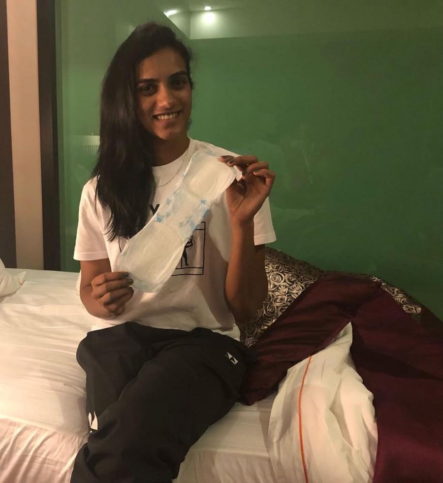 PV Sindhu shares her photo with a sanitary pad on Social media. Katrina Kaif,PV Sindhu,Saina Nehwal,Ravi Shastri,Akshay Kumar,Padman Challenge,Padman Challenge pics,Padman Challenge images,Padman Challenge stills,Padman Challenge pictures,Padman Challenge photos