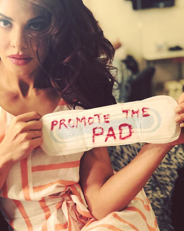Jacqueline Fernandez shares her photo with a sanitary pad on Social media. Jacqueline Fernandez,Kajal Aggarwal,Jacqueline Fernandez with pad,Kajal Aggarwal with pad,PadMan challenge,PadMan movie challenge