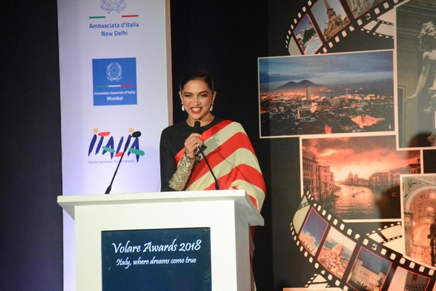 Bollywood actress Deepika Padukone addresses media during the red carpet of Volare Awards 2018 in Mumbai on Feb 9, 2018. Deepika Padukone,AR Rahman,Imtiaz Ali,Volare Awards 2018,Volare Awards,celebs at Volare Awards