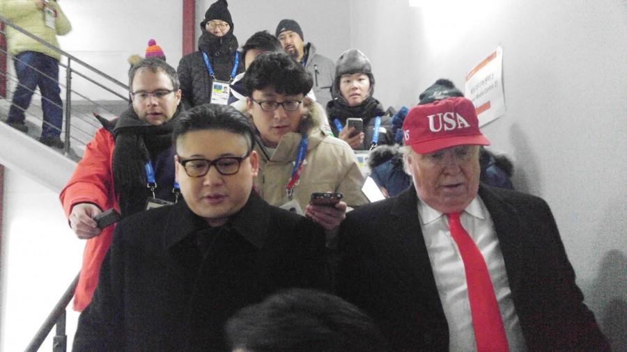 Impersonators dressed-up as U.S. President Donald Trump and North Korean leader Kim Jong Un at the Winter Olympics opening ceremony. Kim Jong Un,Kim Jong Un lookalike,Celebs lookalike,2018 Winter Olympics,Kim Jong Un lookalike pics,Kim Jong Un lookalike images,Korean hockey team