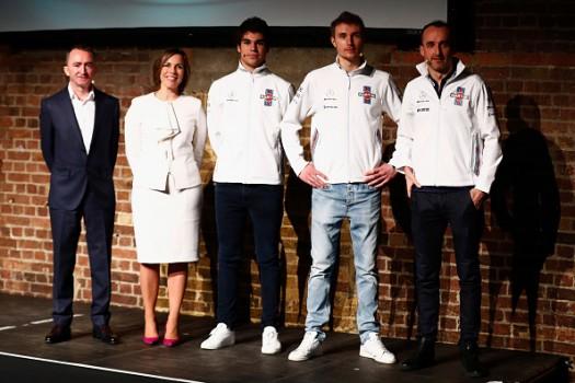 Williams F1, the team including Paddy Lowe, Chief Technical Officer of Williams F1, Williams Deputy Team Principal Claire Williams, Lance Stroll of Canada and Williams, Sergey Sirotkin of Russia and Williams and Robert Kubica of Poland and Williams unveil their new Williams FW41 Formula One car in London, United Kingdom on February 15, 2018.