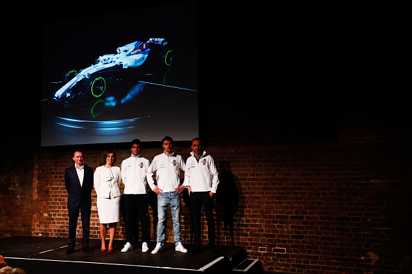 Williams F1, the team including Paddy Lowe, Chief Technical Officer of Williams F1, Williams Deputy Team Principal Claire Williams, Lance Stroll of Canada and Williams, Sergey Sirotkin of Russia and Williams and Robert Kubica of Poland and Williams unveil their new Williams FW41 Formula One car on February 15, 2018 in London, United Kingdom. Claire Williams,Williams F1,2018 season car,Formula One challenger,Williams Mercedes FW41