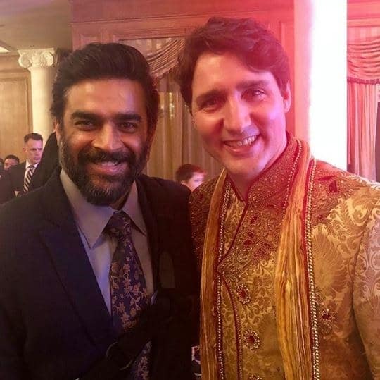 R. Madhavan with Canadian Prime Minister Justin Trudeau. Canadian Prime Minister,Justin Trudeau,Justin Trudeau in India,Shah Rukh,Aamir Khan,R. Madhavan,Justin Trudeau meets Shah Rukh Khan,Justin Trudeau meets Aamir Khan