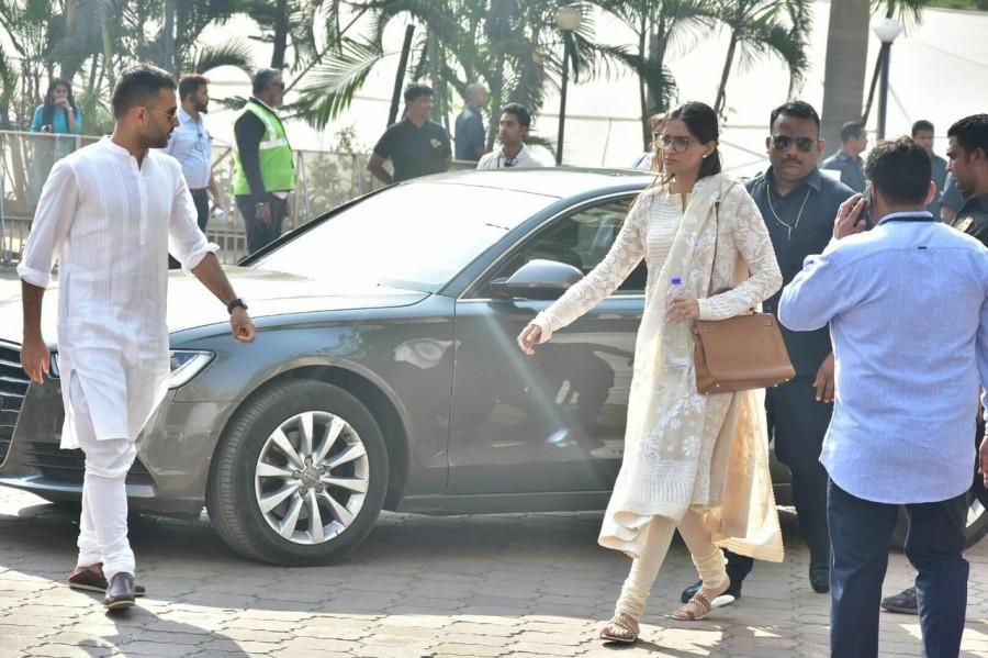 Sridevi's funeral: Actress Sonam Kapoor with Anand Ahuja at Celebration Sports Club. Sridevi funeral,celebs at Sridevi funeral,Sonam Kapoor and Anand Ahuja,Sonam Kapoor,Anand Ahuja,Celebration Sports Club
