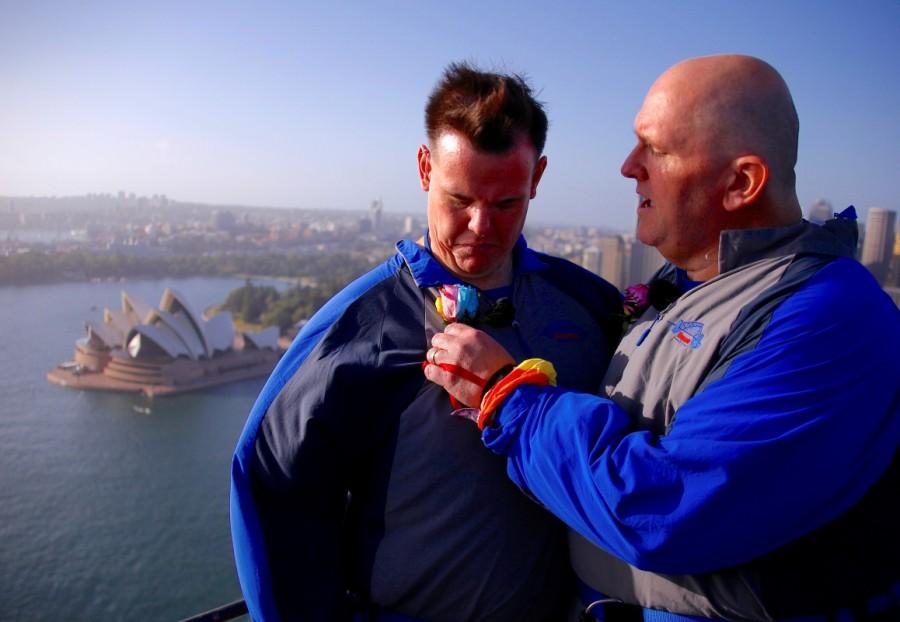 Warren Orlandi and Pauly Phillips talk after they became the first same-sex couple to marry atop of the Sydney Harbour Bridge, just two days out from the 40th anniversary of the Sydney Gay and Lesbian Mardi Gras, in Australia, March 1, 2018. Sydney Harbour Bridge,Warren Orlandi and Pauly Phillips,Warren Orlandi,Pauly Phillips,same sex wedding