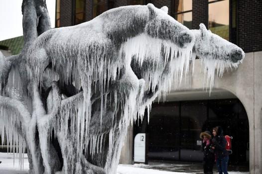Women take pictures of a statue of horses that is frozen over in the city centre of Dublin, Ireland.