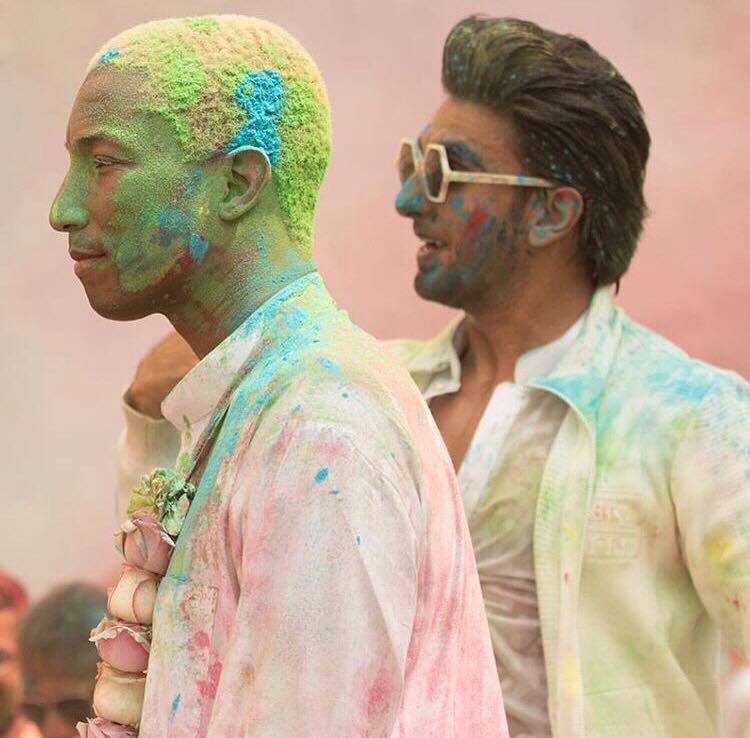 Iconic American rapper Pharrell Williams celebrates his first ever Holi, along with Bollywood superstar Ranveer Singh on Friday in Mumbai. Pharrell Williams,Pharrell Williams celebrates Holi,Pharrell Williams in India,Ranveer Singh,Pharrell Williams and Ranveer Singh,Ranveer Singh pics,Ranveer Singh images,Ranveer Singh celebrates Holi