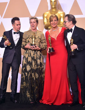 (L-R) Actors Sam Rockwell, Frances McDormand, Allison Janney, and Gary Oldman, pose in the press room with their Oscars for best supporting actor, best actress, best supporting actress, and best actor, during the 90th Annual Academy Awards on March 4, 2018, in Hollywood, California. Guillermo del Toro,Frances McDormand,Gary Oldman,Kristen Anderson-Lopez,Robert Lopez,Sam Rockwell,Frances McDormand,Allison Janney,Oscars 2018,Oscars 2018 winners,Oscars winners