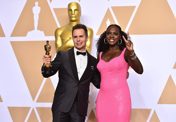 Sam Rockwell winner of the Best Supporting Actor for Three Billboards Outside Ebbing, Missouri poses with Viola Davis in the press room during the 90th Annual Academy Awards at Hollywood & Highland Center on March 4, 2018 in Hollywood, California. Sam Rockwell,best supporting actor,Three Billboards,Sam Rockwell wins first Oscar,Oscars 2018,Oscars 2018 pics,Oscars 2018 winners