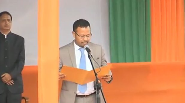 National Peoples' Party leader Conrad Sangma sworn as Meghalaya Chief Minister on Tuesday. Meghalaya swearing-in,Meghalaya,Conrad Sangma Meghalaya CM,Conrad Sangma,Conrad Sangma takes oath