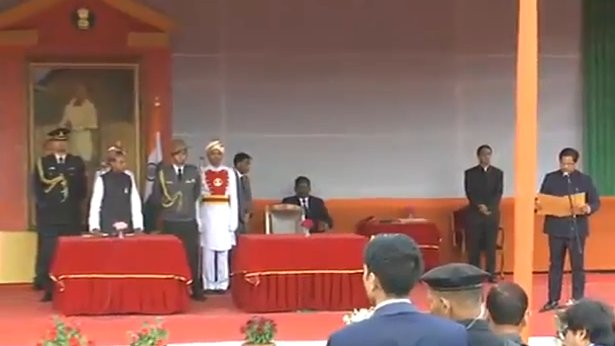 The oath and Office of Secrecy was administered by Meghalaya Governor Ganga Prasad. Meghalaya swearing-in,Meghalaya,Conrad Sangma Meghalaya CM,Conrad Sangma,Conrad Sangma takes oath