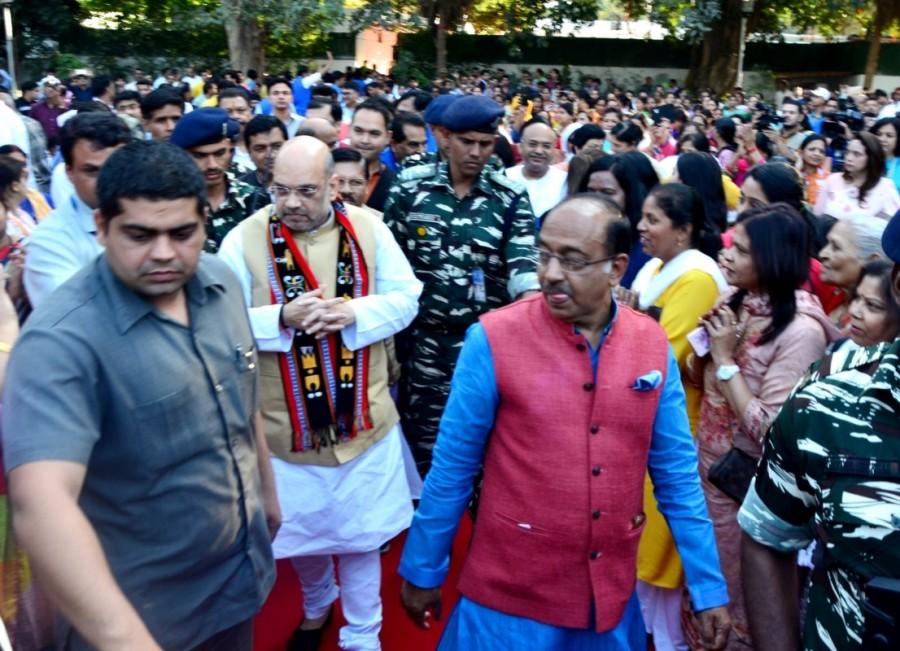 BJP chief Amit Shah with Union Minister Vijay Goel during the inauguration of 'Yojana Sahayata Kendra' in New Delhi on March 5, 2018. Amit Shah,Namo Yojana Sahayata Kendra,BJP President Amit Shah,Amit shah bjp,BJP