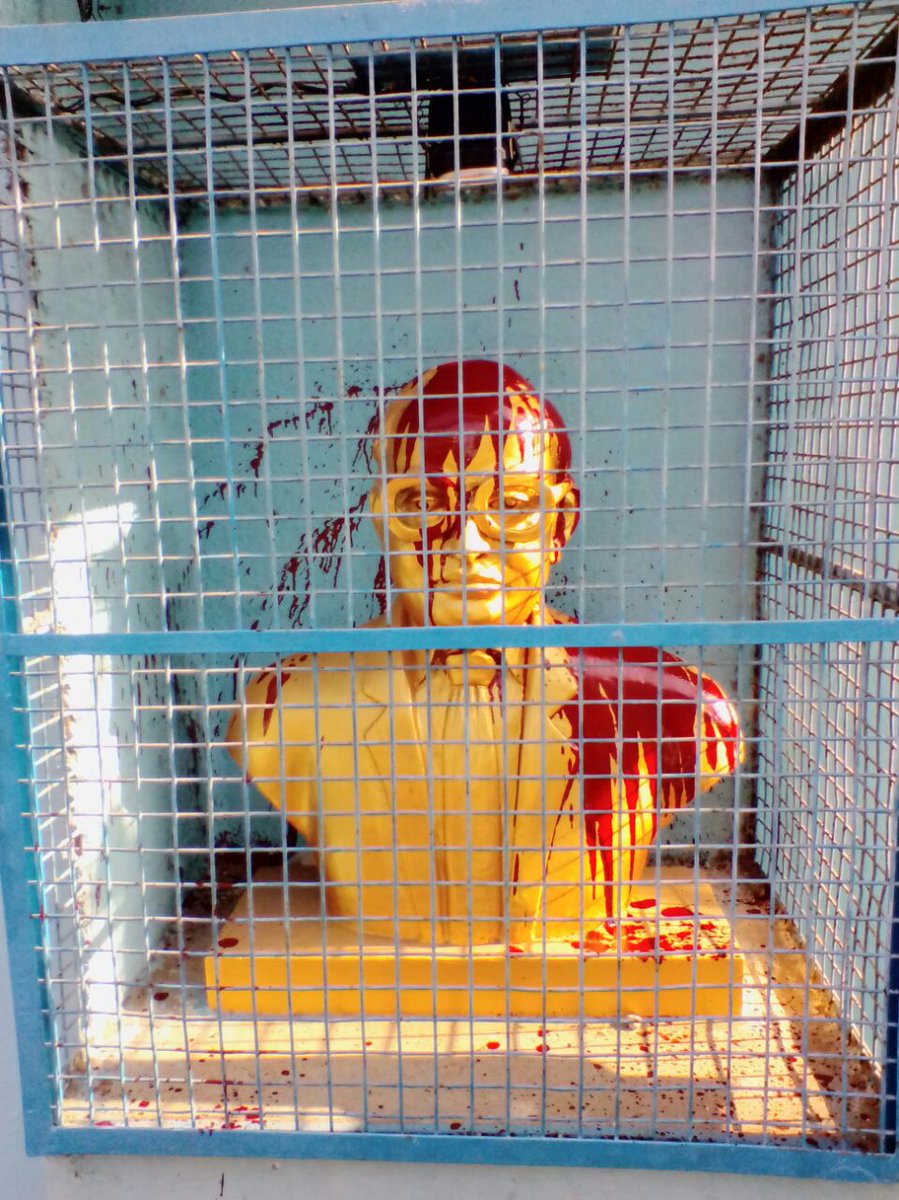 Red paint was found splashed across the Ambedkar statue in Tamil Nadu's Thiruvotriyur. Mahatma Gandhi statue,Mahatma Gandhi,Mahatma Gandhi statue vandalised,BR Ambedkar,Ambedkar,Ambedkar statue,Ambedkar statue vandalised