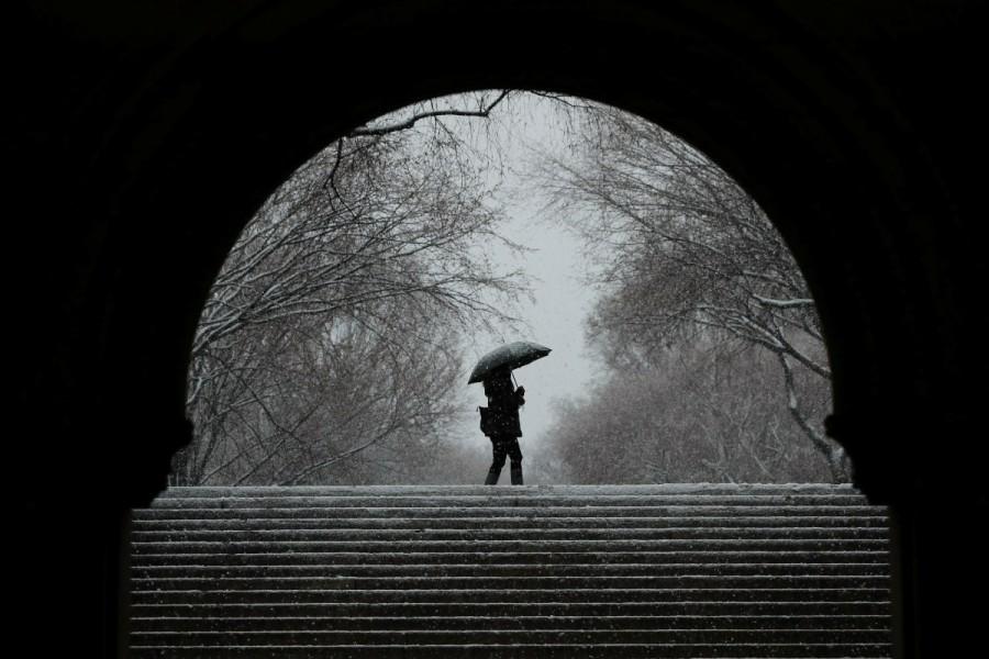 A pedestrian walks through Central Park during a snowstorm in New York, March 7, 2018. Winter storm,winter storm Northeast,Northeast,New York,New York snowfall