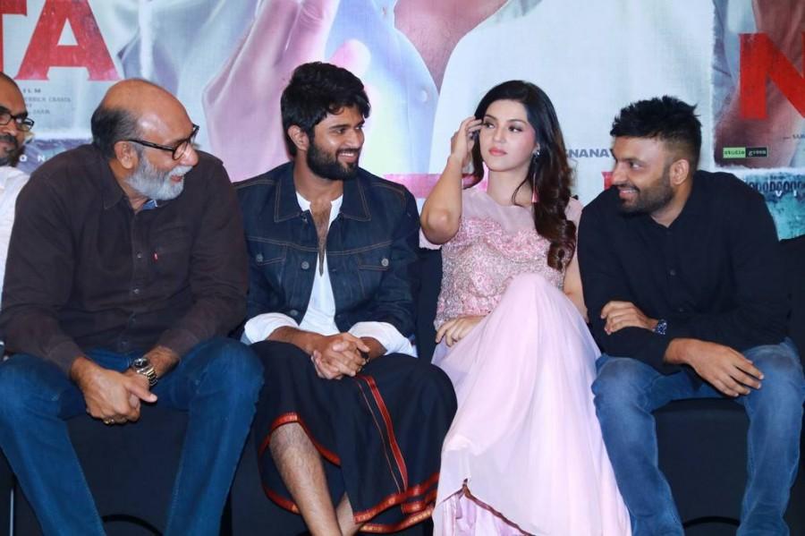 Sathyaraj, Vijay Devarakonda and Mehreen Pirzada at Nota press meet. Vijay Devarakonda,Mehreen Pirzada,Sathyaraj,Nota press meet,Nota movie press meet,Nota press meet pics,Nota press meet images,Nota,Telugu movie Nota