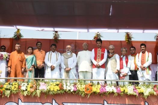 Narendra Modi attends the oath taking ceremony of the Council of Ministers of the Tripura Government in Agartala.