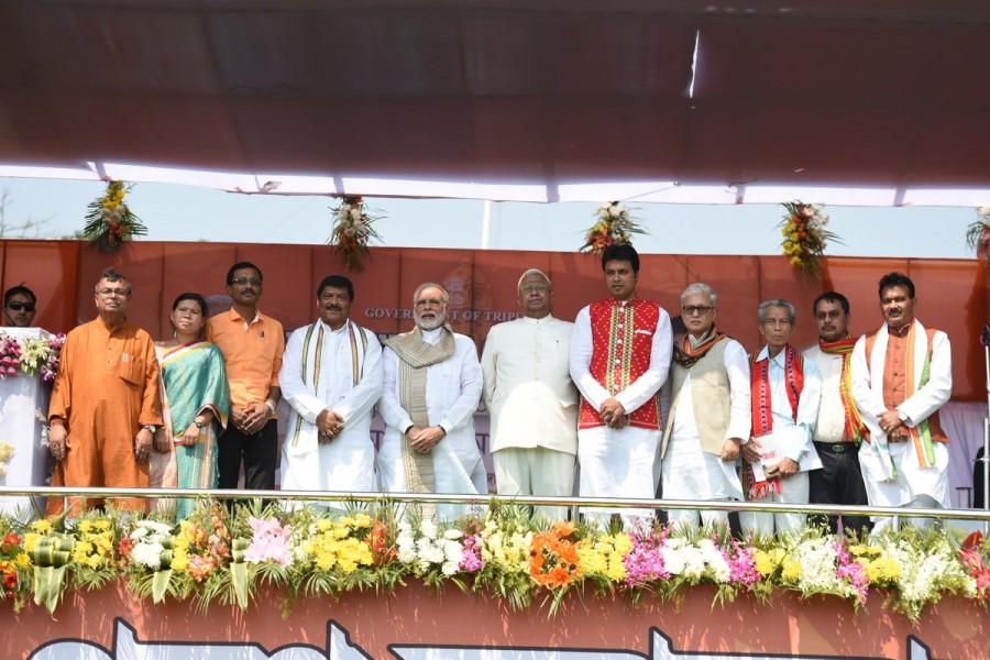 Narendra Modi attends the oath taking ceremony of the Council of Ministers of the Tripura Government in Agartala. Narendra Modi,PM Narendra Modi,Biplab Deb,Tripura CM Biplab Deb,Tripura Chief Minister