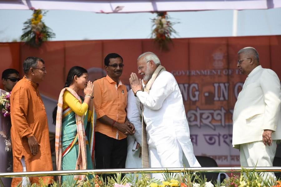 Prime Minister Narendra Modi at the swearing-in ceremony of Tripura Chief Minister Biplab Kumar Deb in Agartala, on March 9, 2018. Narendra Modi,PM Narendra Modi,Biplab Deb,Tripura CM Biplab Deb,Tripura Chief Minister