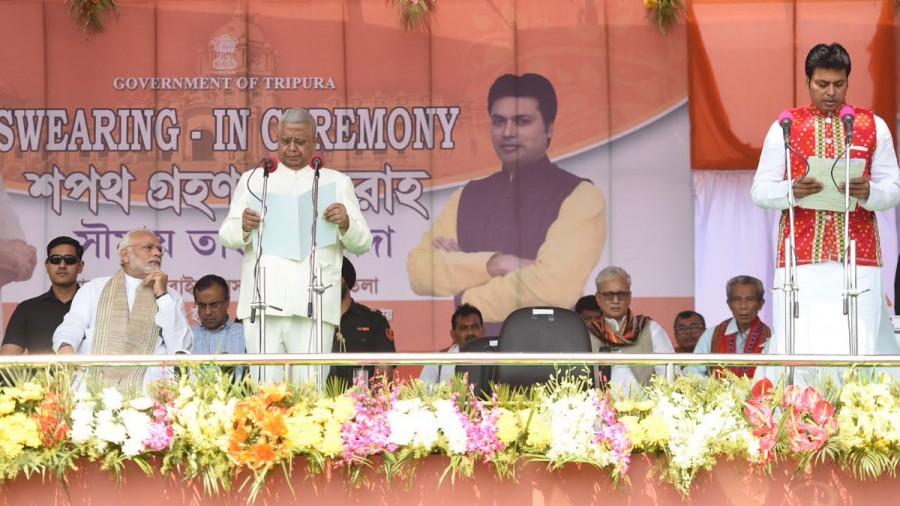 The ministers who took oath include Narendra Chandra Debbarma of the Indigenous People's Front of Tripura (IPFT), Ratan Lal Nath, Sudip Roy Barman, Pranjit Singha Roy, Manoj Kanti Deb, Mevar Kumar Jamatia (IPFT) and a lone woman minister, Santana Chakma. Narendra Modi,PM Narendra Modi,Biplab Deb,Tripura CM Biplab Deb,Tripura Chief Minister