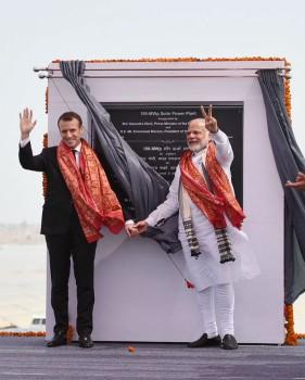 Prime Minister Narendra Modi and visiting French President Emmanuel Macron on Monday inaugurated the biggest solar power plant of Uttar Pradesh in Mirzapur district.