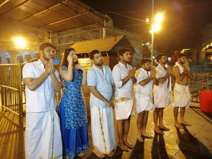 Simranpareenja, Sharan Koppisetty, Abhishek Agarwal, Sudheer Varma, Anil Sunkara seeks Lord Balaji's blessings in Tirumala. Nikhil Siddharth,Samyuktha Hegde,Nikhil Siddharth and Samyuktha Hegde,Kirrak Party,Kirrak Party release,Kirrak Party movie release,Simranpareenja