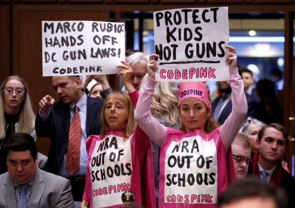 People supporting gun control attend a hearing by the Senate Judiciary Committee during a hearing about legislative proposals to improve school safety in the wake of the mass shooting at the high school in Parkland, Florida, on Capitol Hill in Washington. Florida school shooting,Marjory Stoneman Douglas High School shooting,National School Walkout,protest against gun violence,U.S. Students Protest Gun Violence