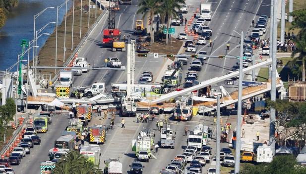 Aerial view shows a pedestrian bridge collapsed at Florida International University in Miami, Florida, March 15, 2018.