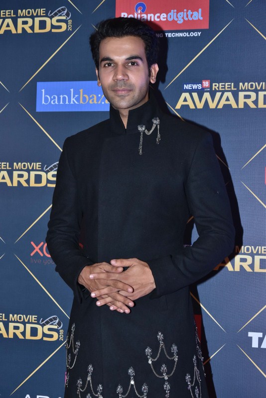 Rajkummar Rao poses for the cameras during News18 REEL Movie Awards 2018 in Mumbai. Richa Chadha,Rajkummar Rao,Jim Sarbh,Nikhil Advani,Dia Mirza,News18 REEL Movie Awards 2018,News18 REEL,News18 REEL Movie Awards,celebs at News18 REEL Movie Awards 2018
