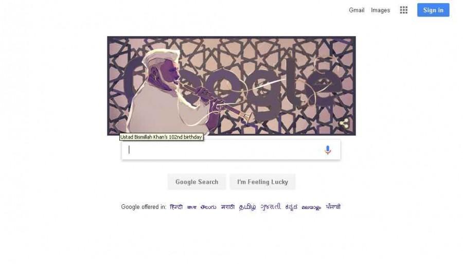 The doodle, designed by Chennai-based illustrator Vijay Krish, celebrates Khan against the backdrop of a geometric style pattern with his instrument aloft, sending a festive tune out into the world. Google,Ustad Bismillah Khan,Ustad Bismillah Khan birthday,Ustad Bismillah Khan 102 birthday,Shehnai maestro Ustad Bismillah Khan,google doodle