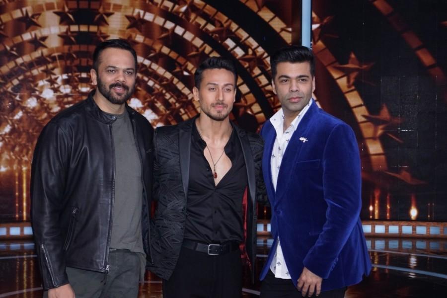Actor Tiger Shroff with filmmakers Rohit Shetty and Karan Johar at Filmistan Studio in Mumbai on March 20, 2018. Rohit Shetty,Tiger Shroff,Karan Johar,Rohit Shetty at Filmistan studio,Tiger Shroff at Filmistan studio,Karan Johar at Filmistan studio,Filmistan studio,celebs at Filmistan studio