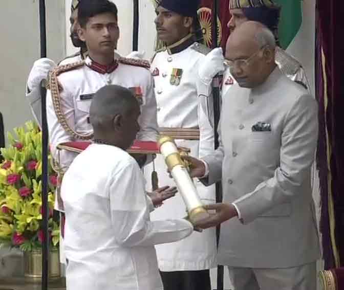 Ilayaraja receives Padma Vibhushan from President Ram Nath Kovind at the Civil Investiture Ceremony, at Rashtrapati Bhavan, in New Delhi on March 20, 2018. Ilaiyaraaja,Music maestro Ilaiyaraaja,Ilaiyaraaja honored with Padma Vibhushan,Padma Vibhushan,President Kovind,Kovind