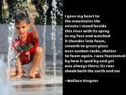 I gave my heart to the mountains the minute I stood beside this river with its spray in my face and watched it thunder into foam, smooth to green glass over sunken rocks, shatter to foam again. I was fascinated by how it sped by and yet was always there; its roar shook both the earth and me - Wallace Stegner
