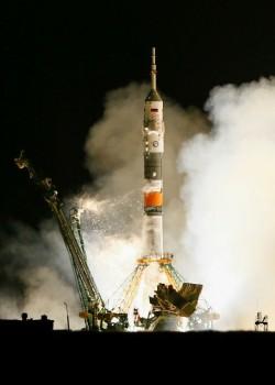 The Soyuz MS-08 spacecraft carrying the crew formed of astronauts Drew Feustel and Ricky Arnold of the U.S and crewmate Oleg Artemyev of Russia blasts off to the International Space Station (ISS) from the launchpad at the Baikonur Cosmodrome, Kazakhstan March 21, 2018.